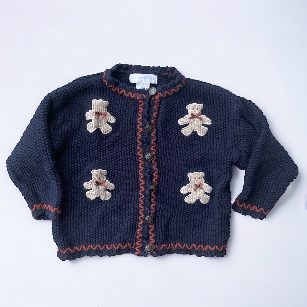 Vintage Standard Blue Knit Teddy Bear Cardigan Sweater - Size S/4